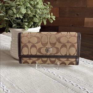 Coach Beige and Brown Signature Canvas Fold Wallet